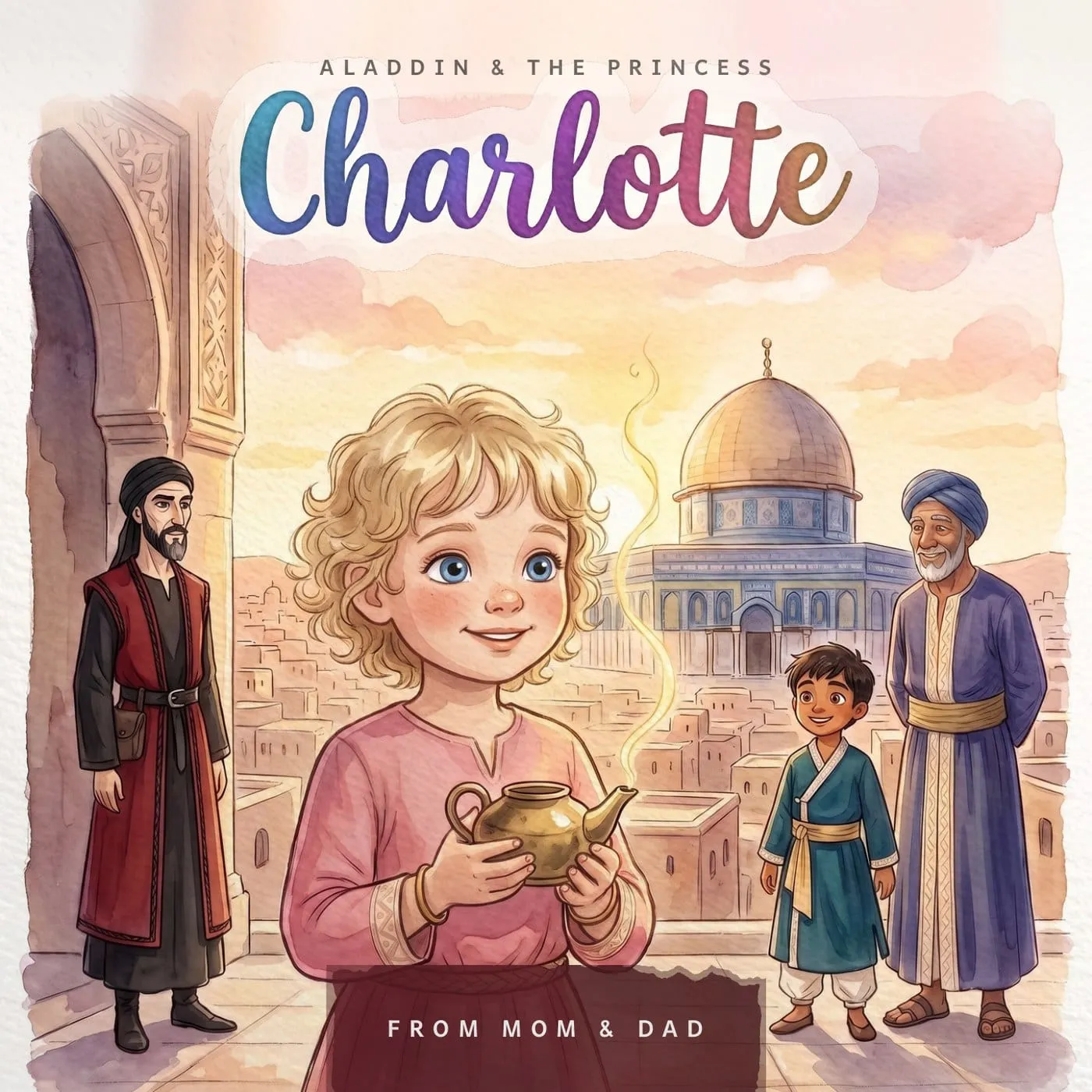 The girls' edition cover of Aladdin, with a sample child drawn as The Princess and their name painted across the top.