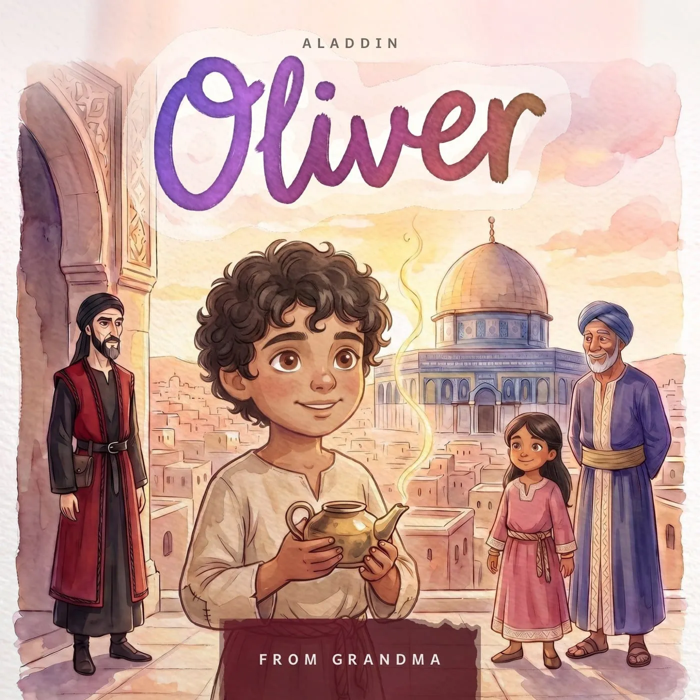 The boys' edition cover of Aladdin, with a sample child drawn as Aladdin and their name painted across the top.