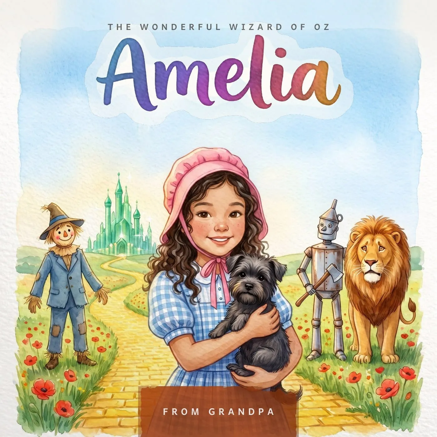 The finished cover of The Wonderful Wizard of Oz with the same girl drawn as the hero, her name painted across the sky in watercolor.