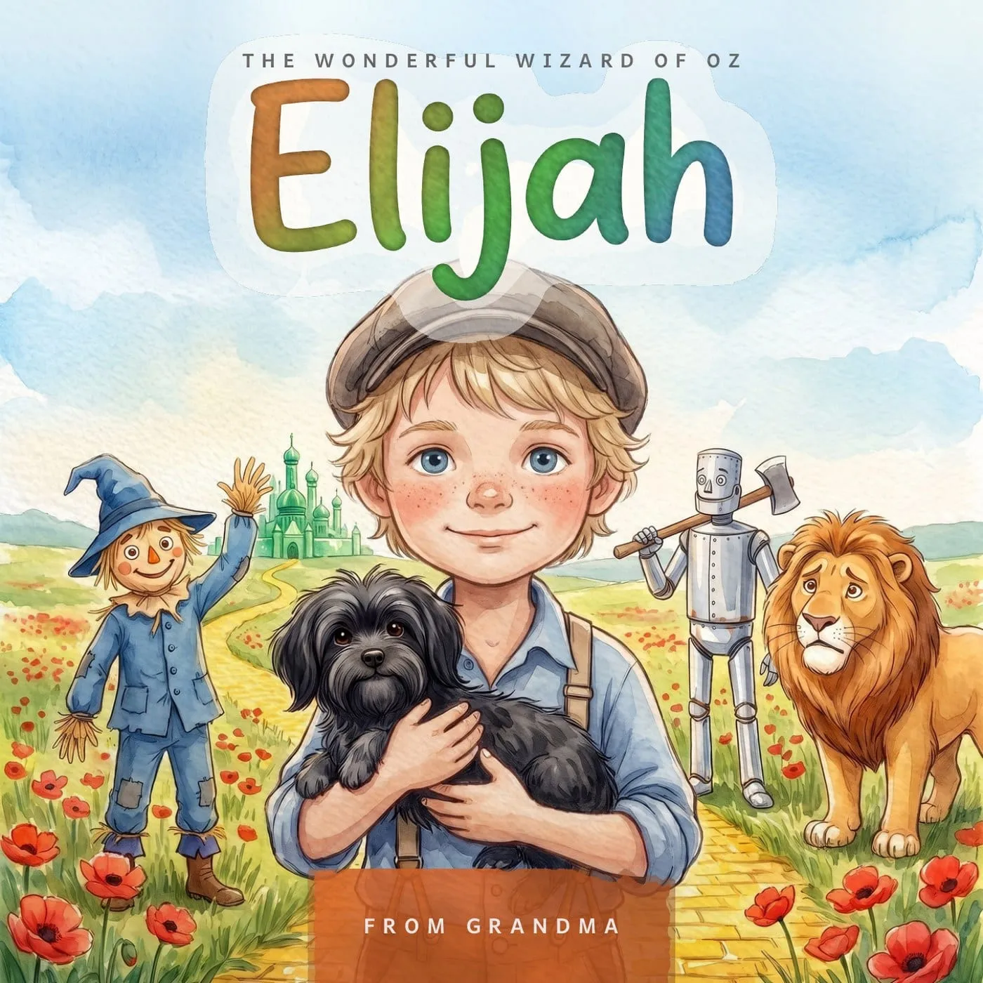 The boys' edition cover of Wizard of Oz, with a sample child drawn as The traveler and their name painted across the top.