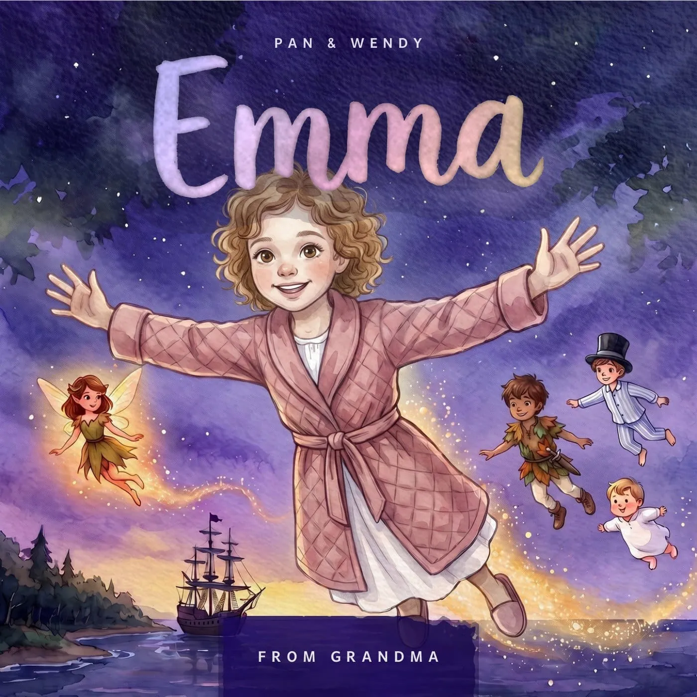 The girls' edition cover of Peter Pan, with a sample child drawn as Wendy and their name painted across the top.