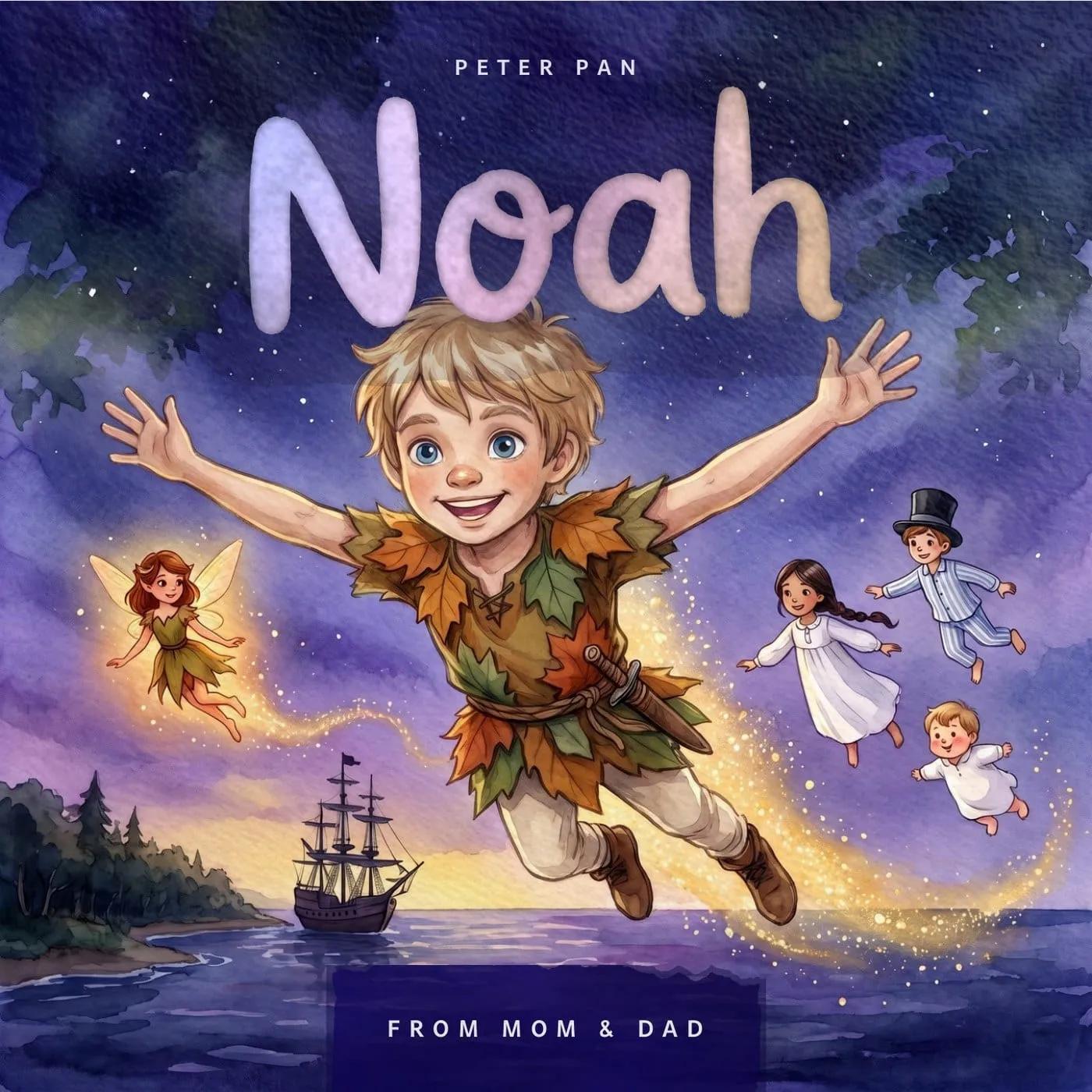 The boys' edition cover of Peter Pan, with a sample child drawn as Peter and their name painted across the top.