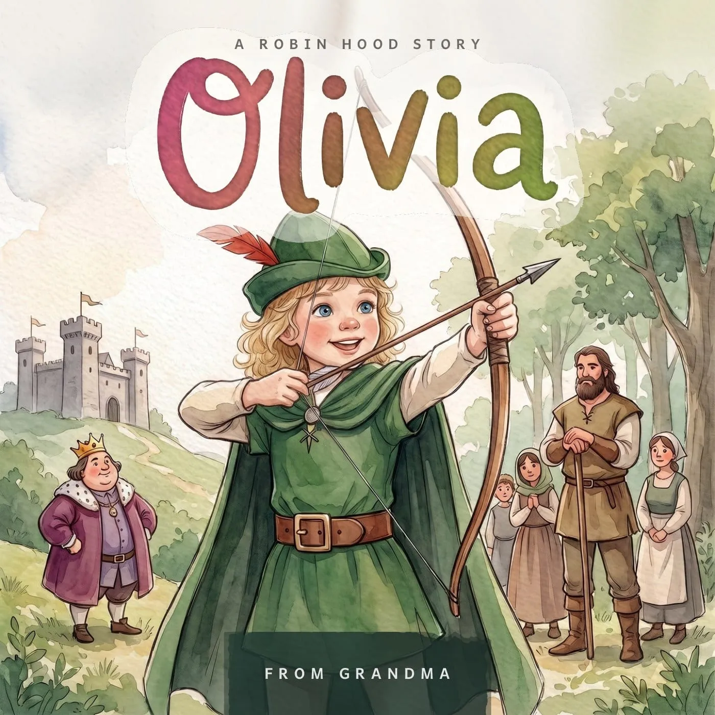 The girls' edition cover of Robin Hood, with a sample child drawn as Robin Hood and their name painted across the top.