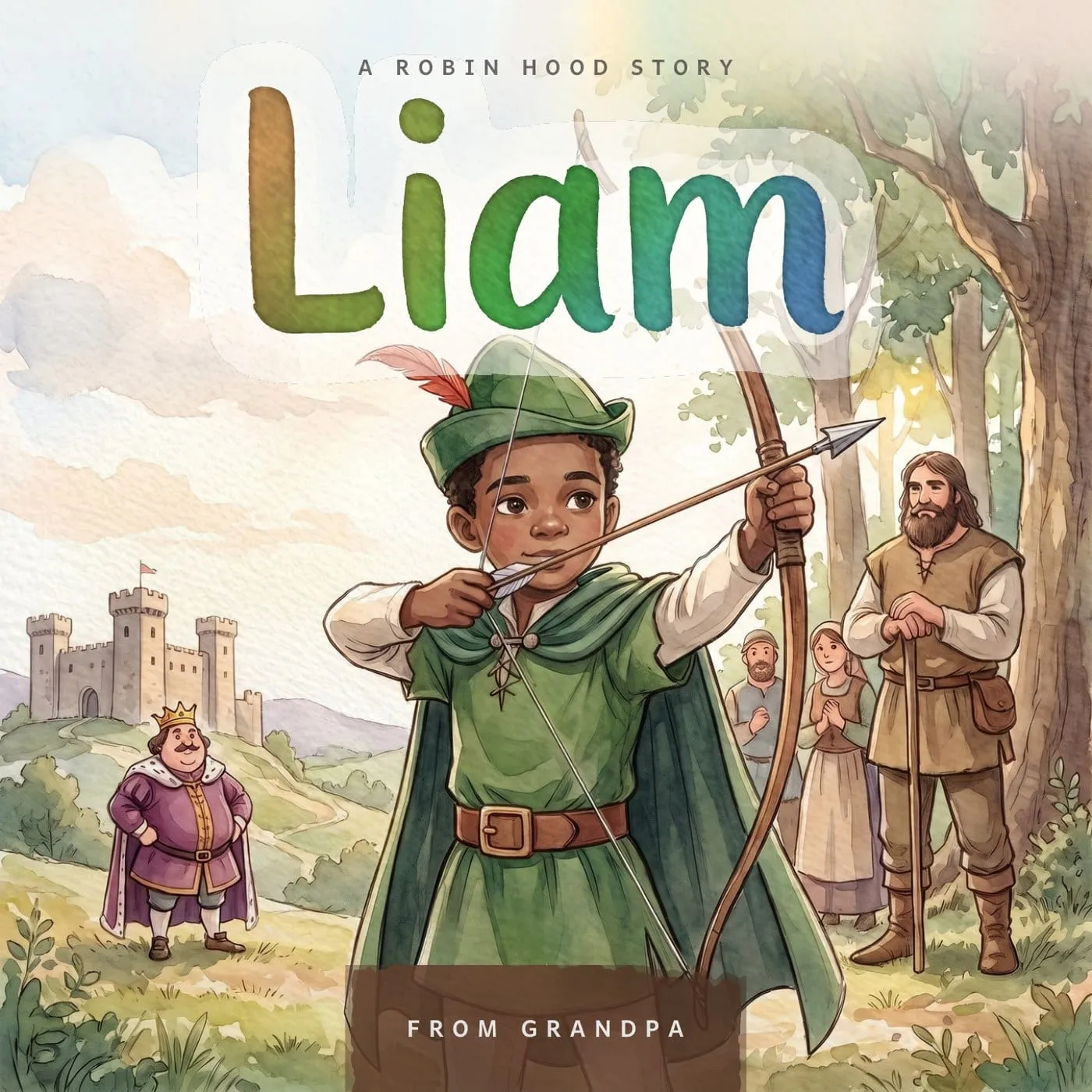 The boys' edition cover of Robin Hood, with a sample child drawn as Robin Hood and their name painted across the top.