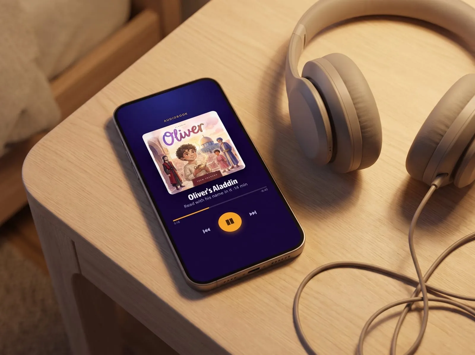 A phone playing the audiobook, with headphones beside it.