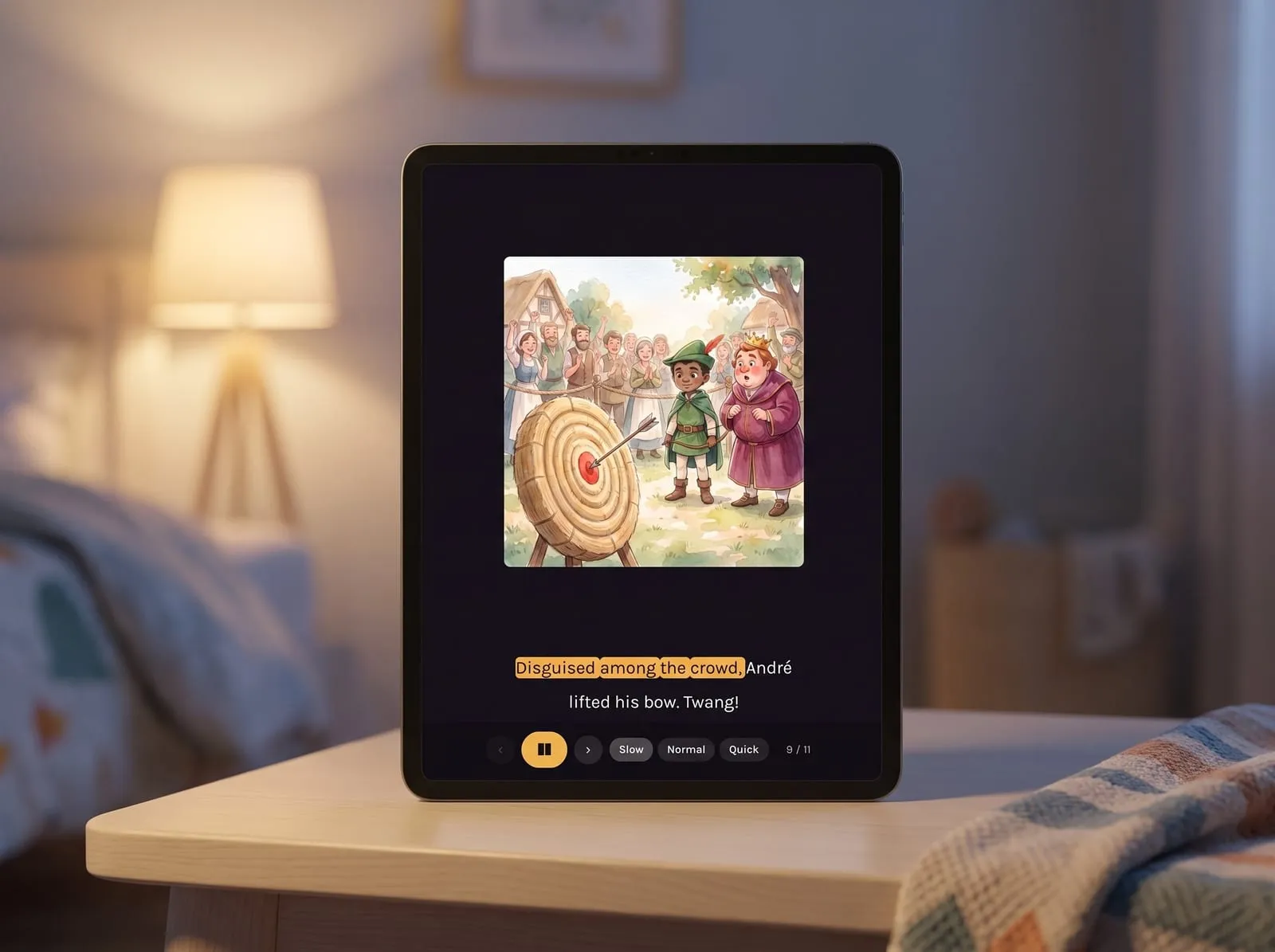 A tablet held upright showing the read-along, with the word being spoken highlighted.