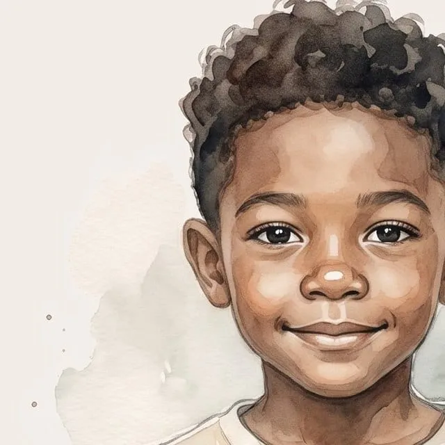 The same boy drawn as a storybook character, in close-up.