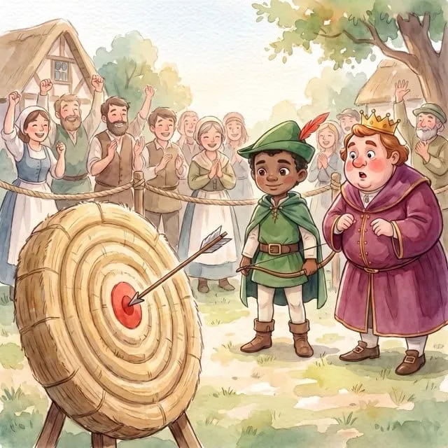 A page from his finished book, with him standing at the archery contest.