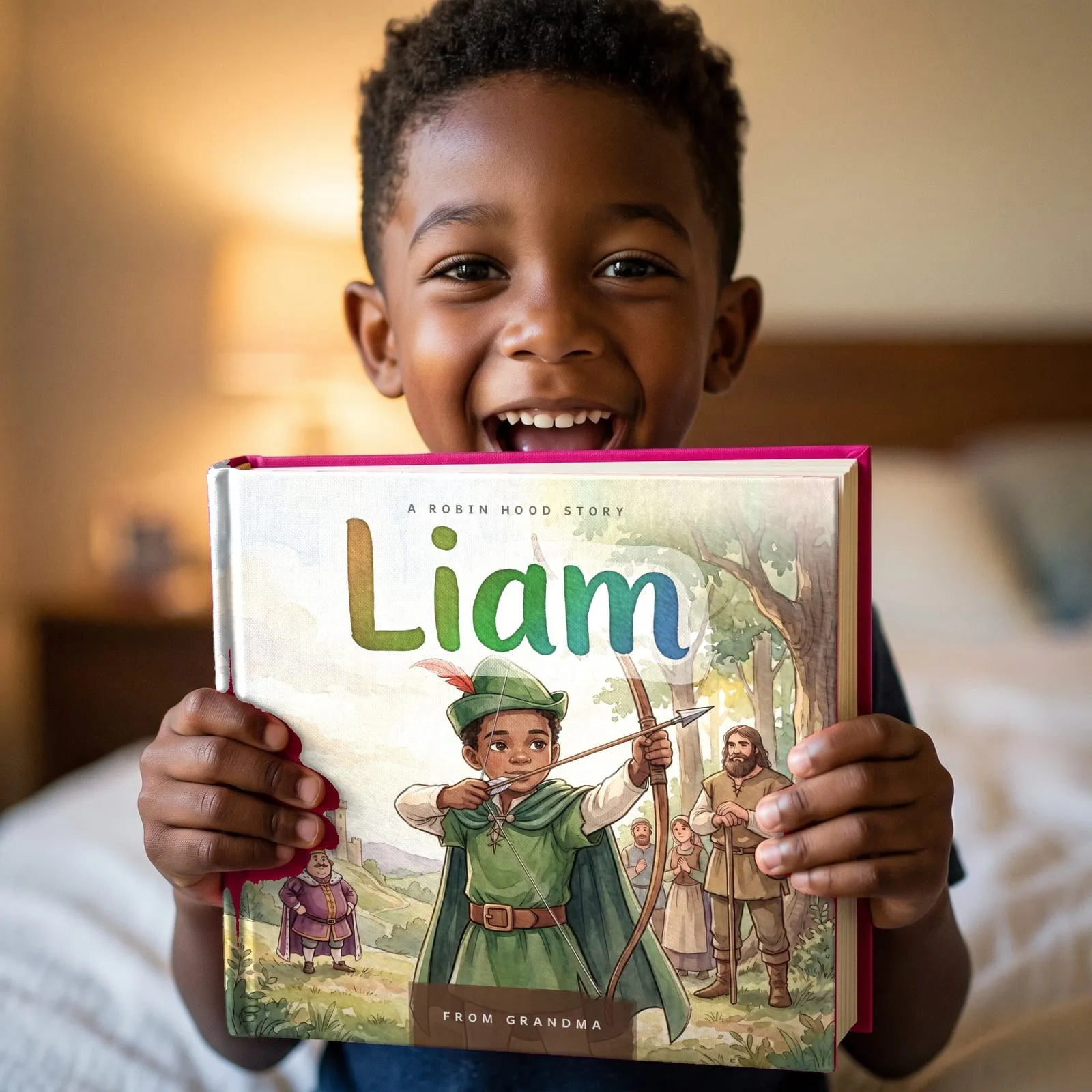 A delighted young boy holding up a square hardcover picture book, his chin hidden behind it. The cover shows him illustrated in a green cloak with a bow, the name Liam painted across the top.
