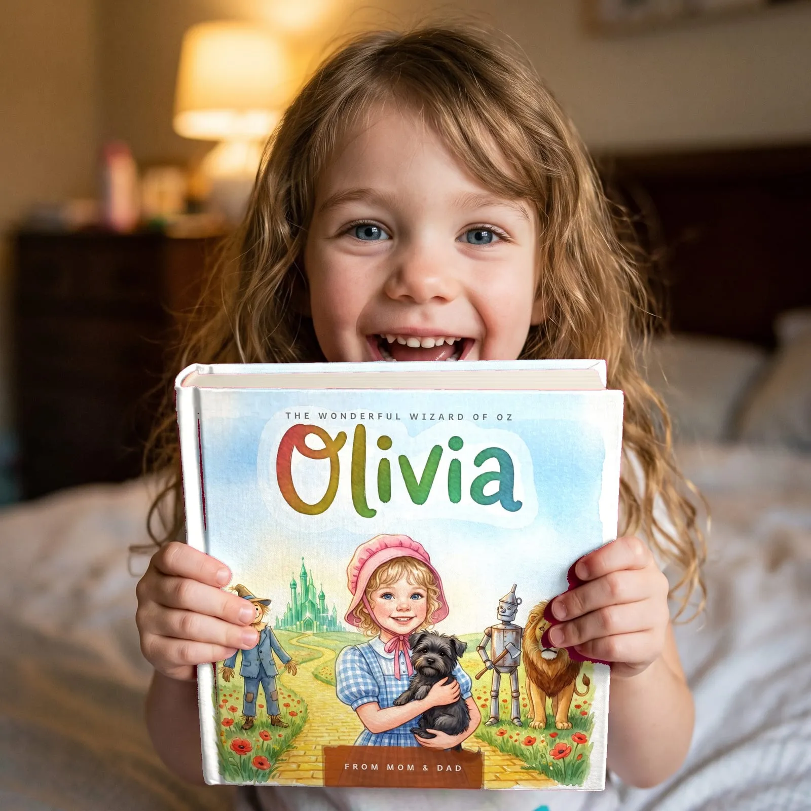 A girl holding up her hardcover Wizard of Oz book. She is drawn on the cover on the yellow brick road with Toto in her arms, and the name Olivia is painted across the sky.