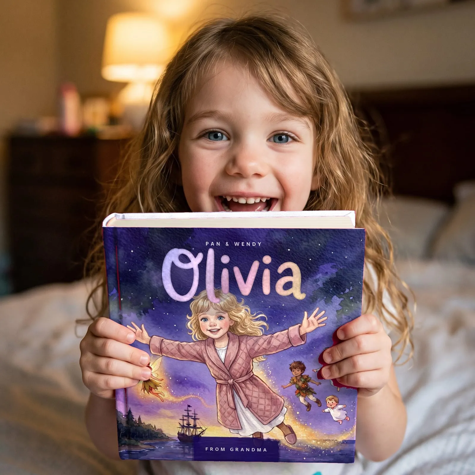 A delighted girl holding up her hardcover copy of Pan & Wendy, her chin hidden behind it. The cover shows her illustrated flying over Neverland, the name Olivia painted across the top.
