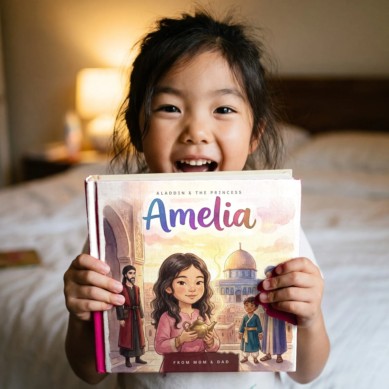 A girl holding up her hardcover Aladdin book, beaming over the top of it. She is drawn on the cover holding the lamp, and the name Amelia is painted across the evening sky.