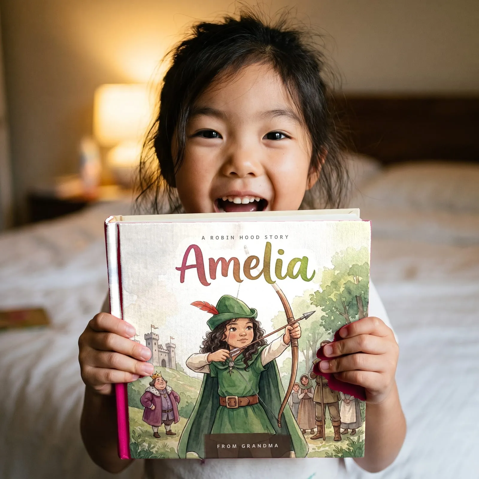 A girl holding up her finished hardcover of Robin Hood, grinning over the top of it. She is drawn on the cover in a green cloak with a bow, and the name Amelia is painted across the sky.
