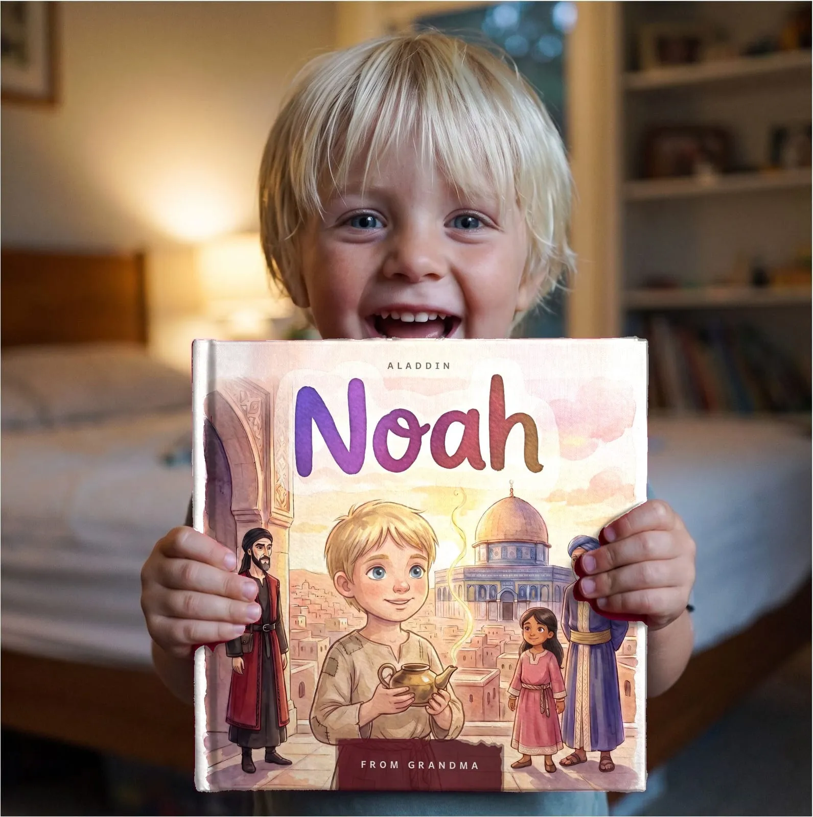 A small boy holding up his hardcover of Aladdin, laughing over the top of it. The boy on the cover has his face, and the name Noah is painted across the evening sky above him.