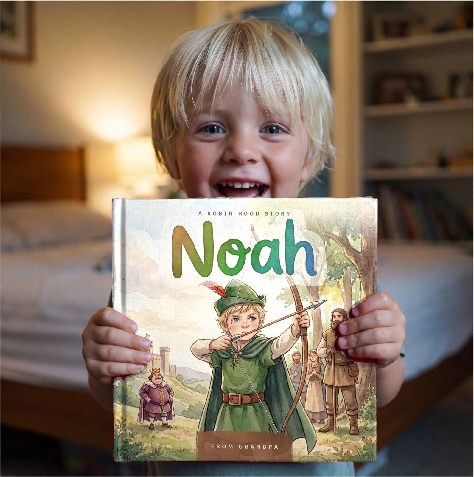 A small boy holding up his hardcover Robin Hood book, laughing over the top of it. He is drawn on the cover in a green cloak with a bow, and the name Noah is painted across the sky.