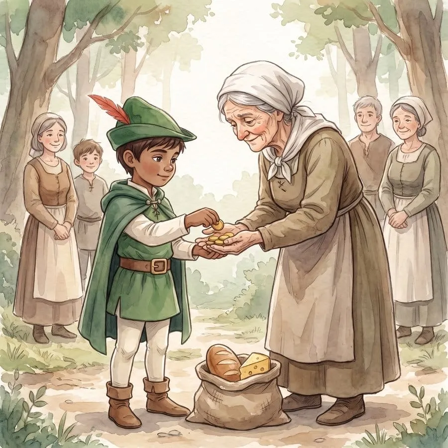 A watercolor page from Robin Hood: the boy in the green cloak handing bread and coins to an old woman on a forest path.