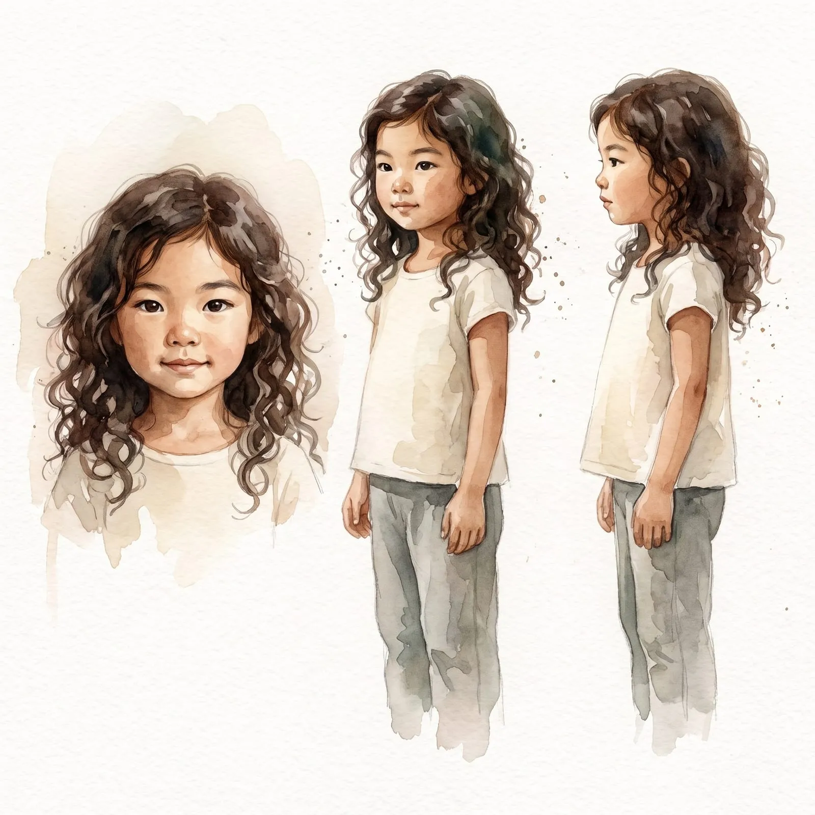 A character sheet of a young girl drawn in watercolor: her face in close-up, and the same child standing, front and side.